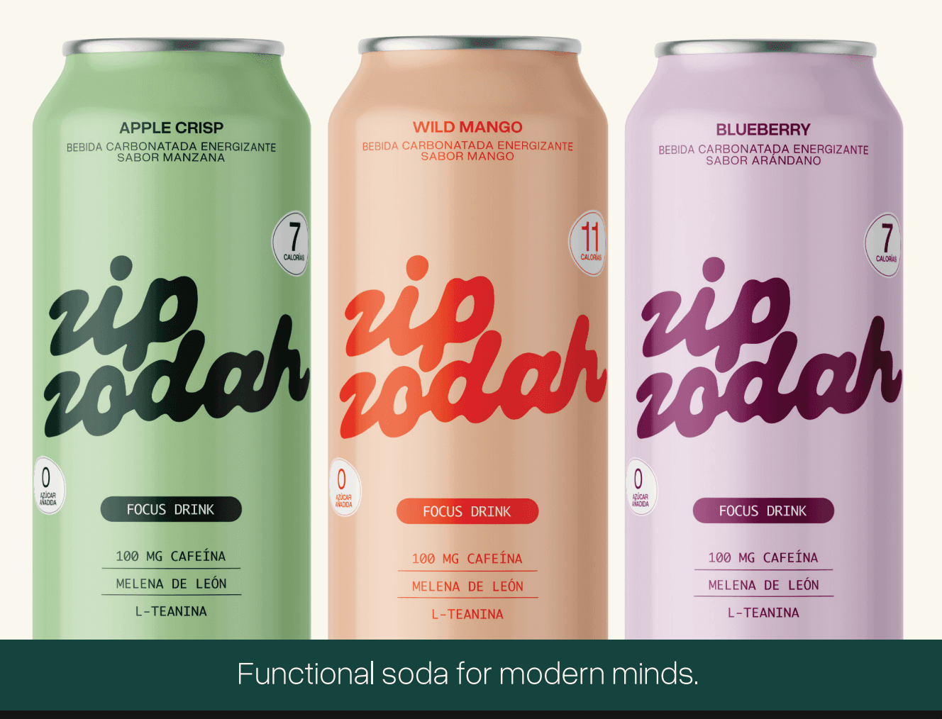 Latas Focus Drink — Apple Crisp, Wild Mango y Blueberry · Functional soda for modern minds